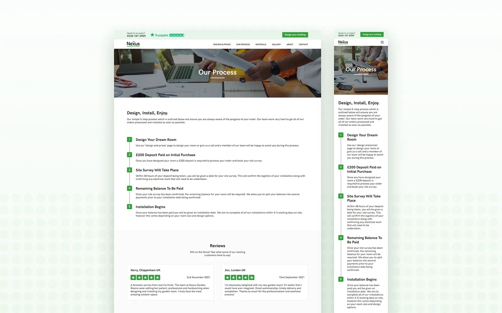Two images side by side one showing the desktop version the other the mobile version of the ordering process page which shows a list of the steps in buying a room and customer reviews