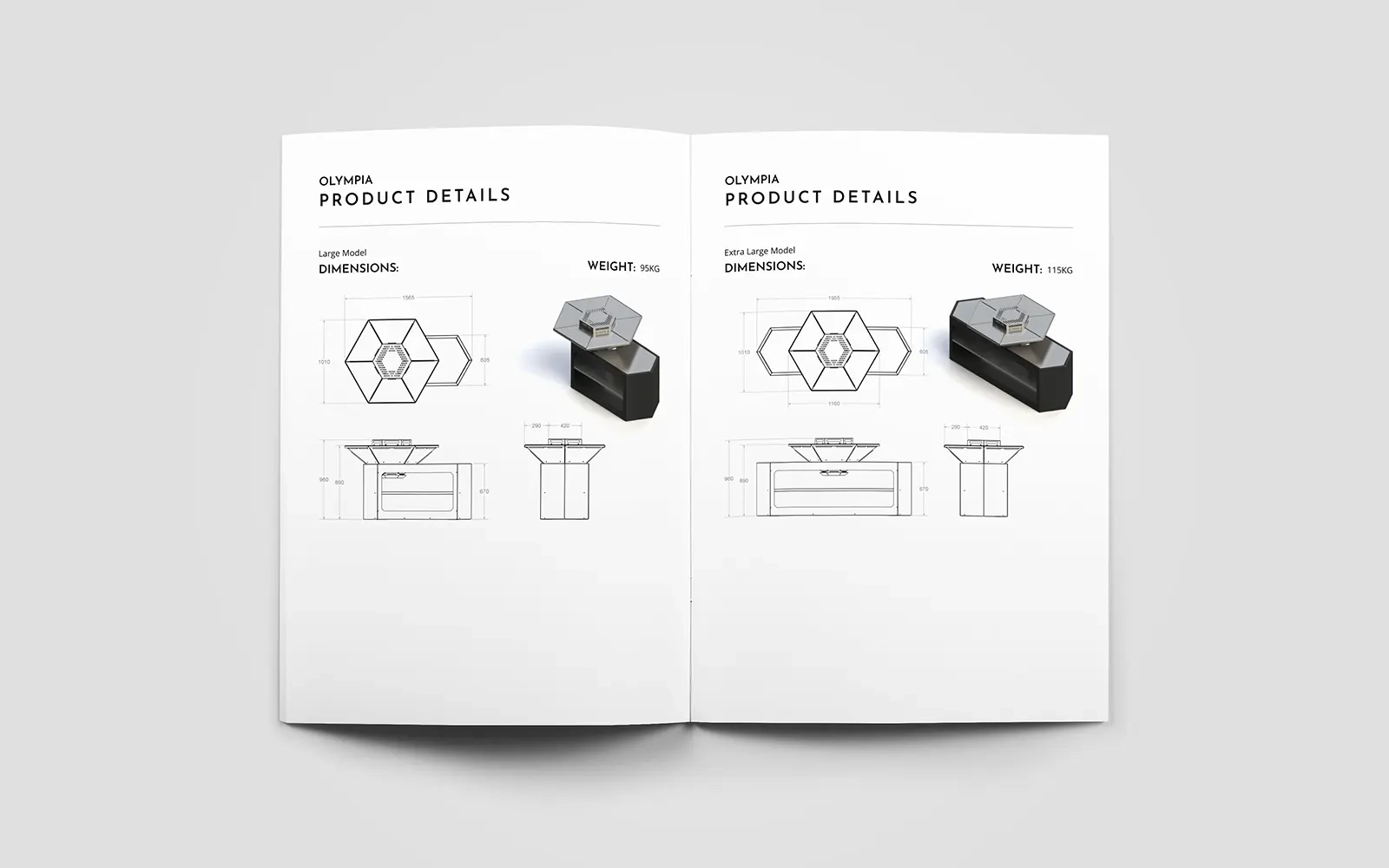 A two page spread of the brochure showing the product specifications